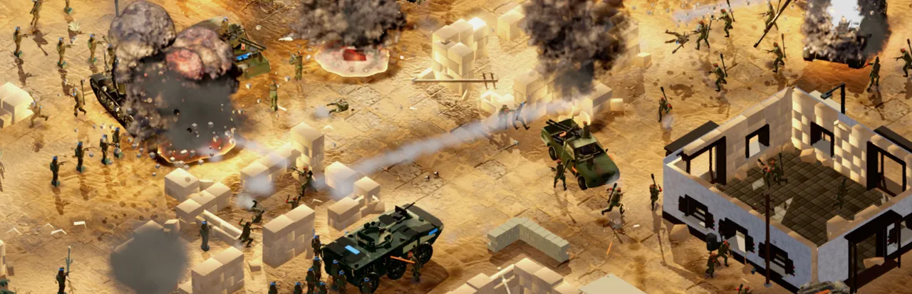 Infantry and armoured carriers fighting through a desert village.