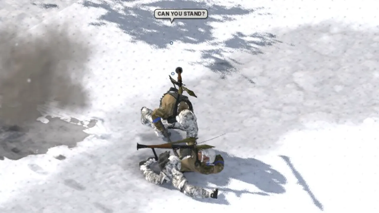 A soldier in winter camouflage bends over a wounded man in the snow beside a fresh shell crater and asks him if he can stand.