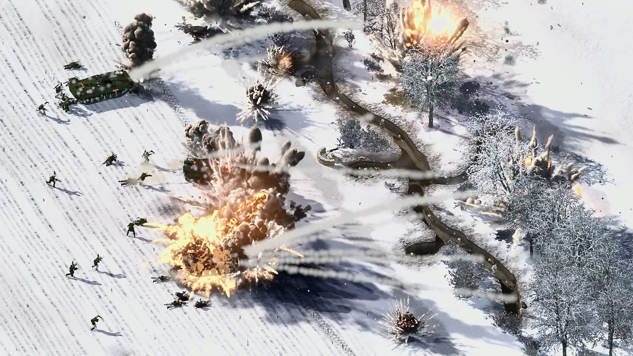 Shells burst across a snowfield beside a trench line, with infantry running in the open.