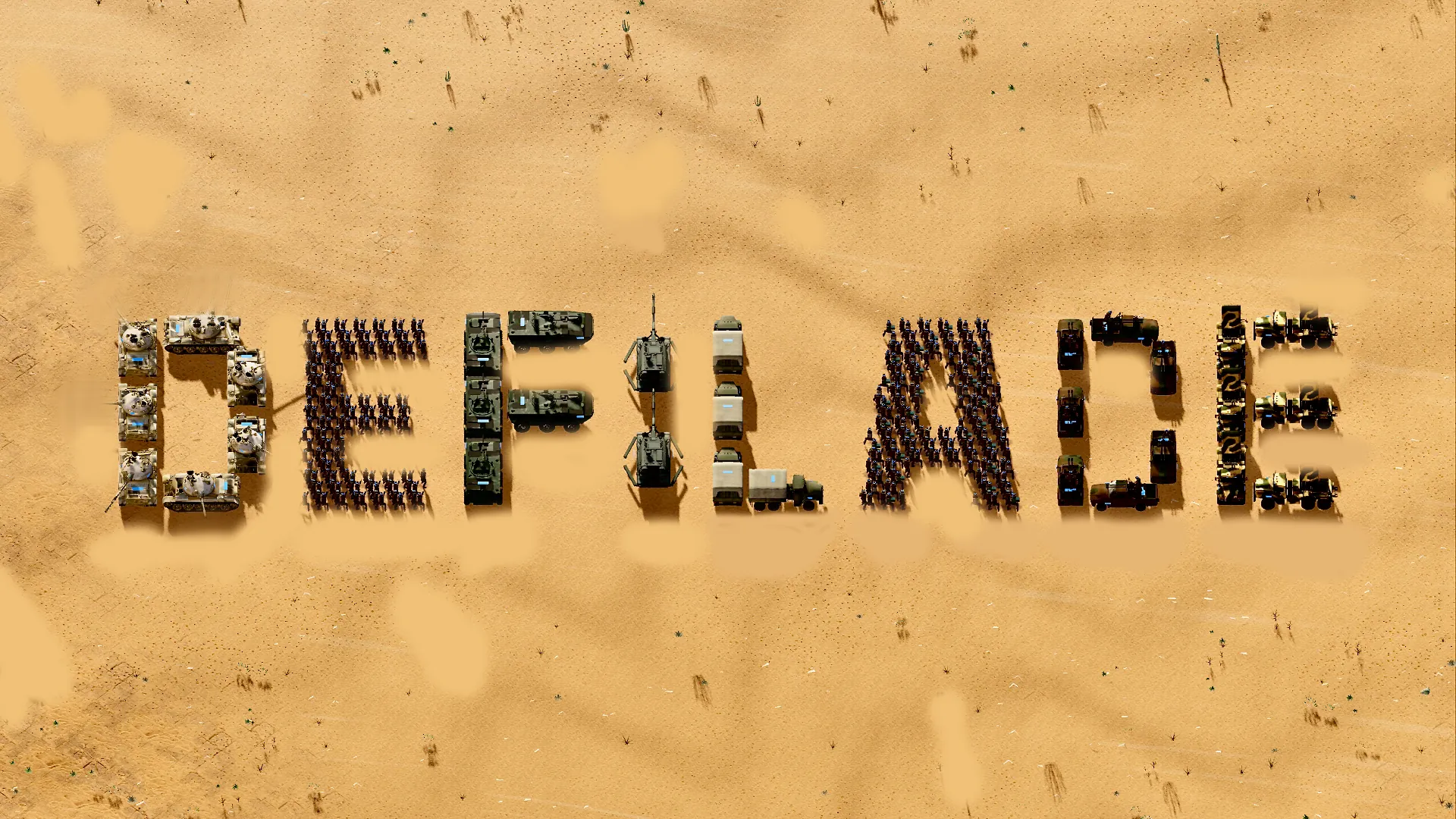 The word DEFILADE spelled out on desert sand with tanks, trucks and rows of soldiers from the game.