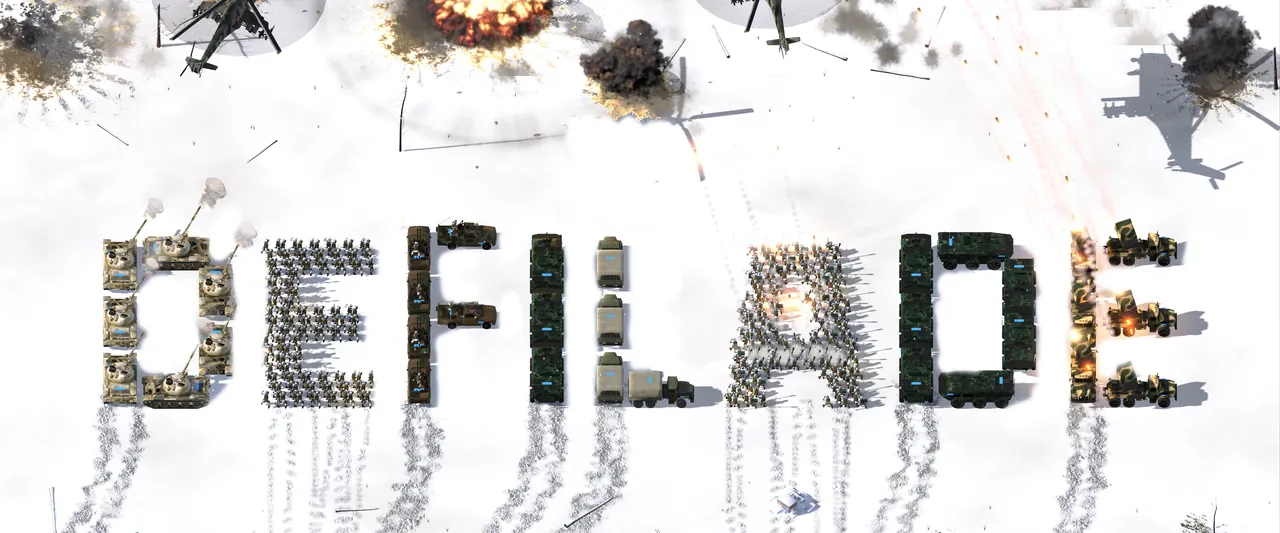 DEFILADE spelled out in the snow with tanks, soldiers and rocket trucks, while gunships fly over burning ground.